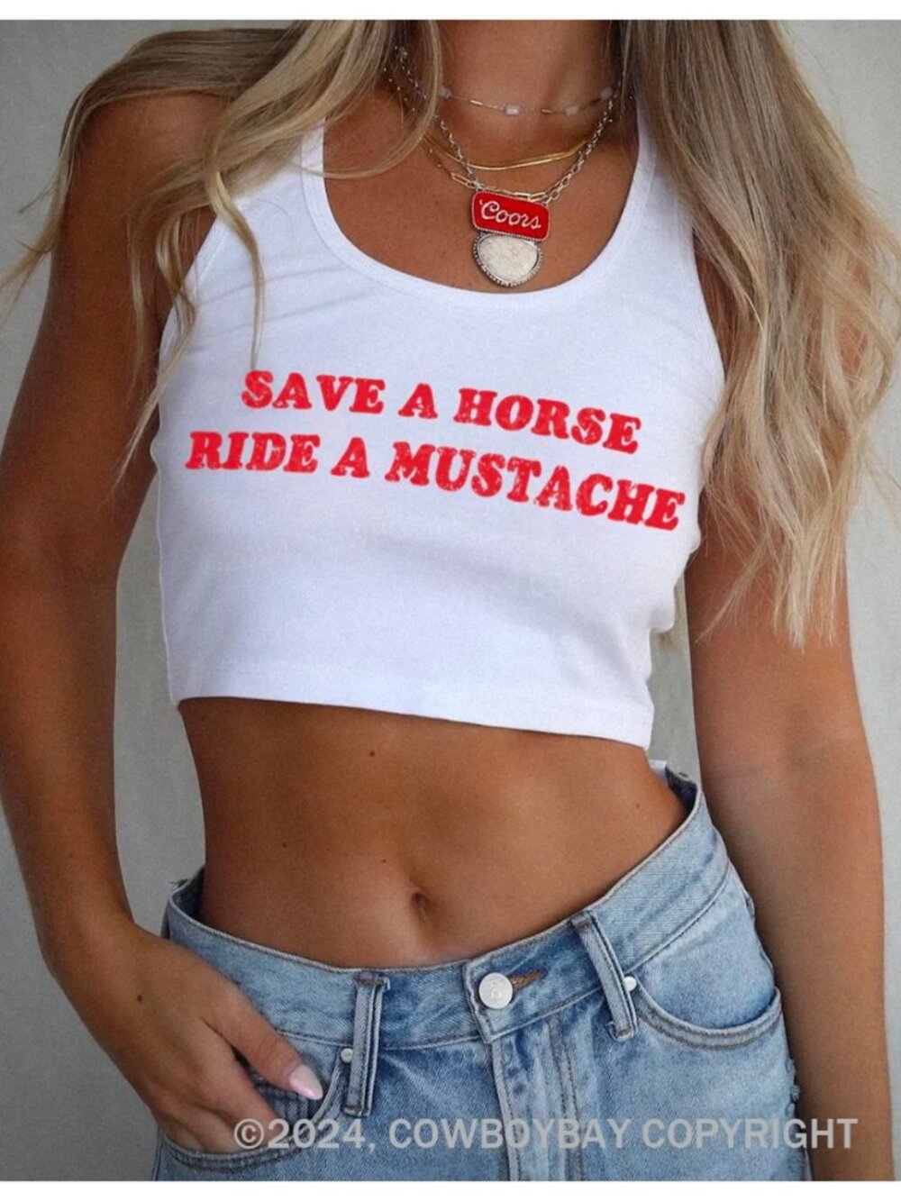 CowBoyBay Save A Horse Ride A Mustache White Crop Tank Top sz M